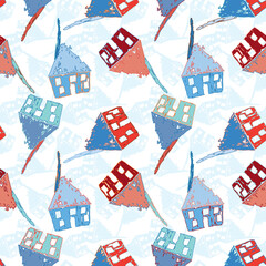 Colourful hand drawn houses in shades of blue and red on white background. Rough grunge drawing seamless vector pattern for kids fashion, wallpaper, wrapping paper and home decor.
