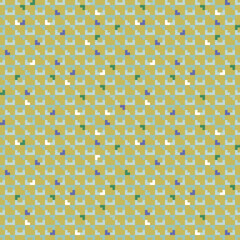 Abstract seamless vector pattern for fashion, home decor and wallpaper. Modern playful design with tiled squares and polygons in moderate yellow, lime green, violet and white.