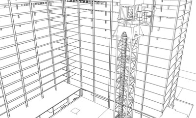 construction site engineering with tower crane architecture 3D line sketch