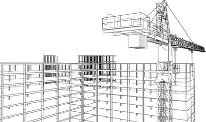 construction site engineering with frame structure and crane 3D illustration line drawing 