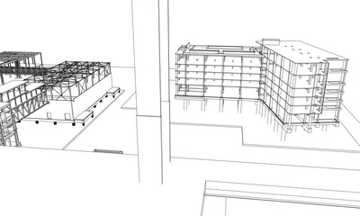 construction site engineering with frame structure 3D illustration line drawing