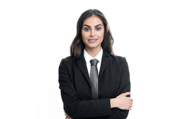 Female student, young teacher. Portrait of business woman in suit crossed arms. Confidence businesswoman against grey background with copy space. Proud student girl.