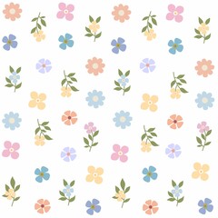 Colorful floral seamless pattern on the white background. Isolated abstract simple shape flowers with leaves in pastel colors. Beautiful girlish print.