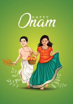 happy Onam celebration with vector illustration design of Kerala girl and boy running with basket flower