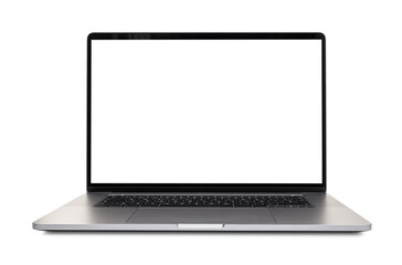 Modern laptop with blank white screen incline 90 degree isolated on white background. Mock up...