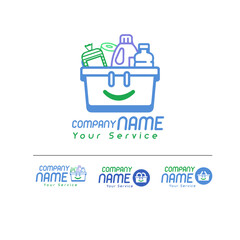 Logotipo tienda de conveniencia con cesta de productos y sonrisa