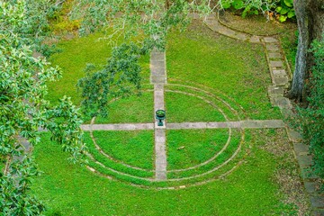 Aerial View of Backyard with Celtic Cross Design of the Landscape