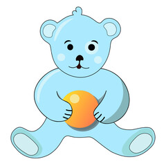 Bear, blue cute bear holding an orange rubber ball in his hands, illustration, children's illustration