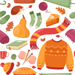Autumn set seamless pattern. Vector illustration of cartoon fall icons: leaves, sweater, pumpkins, hedgehog, book, candle. Autumn season elements for harvest festival and Thanksgiving day, print