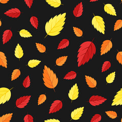 Fototapeta premium Fall vector seamless pattern. Red, yellow and orange autumn leaves on black background. Best for textile, wallpapers, home decoration, wrapping paper, package and web design.