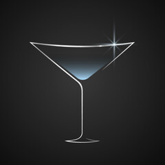 Glass of martini vector flat illustration. Silver shining line art on black background. Best for web, logo, posters, cards, bar decoration, menu concept and branding design.