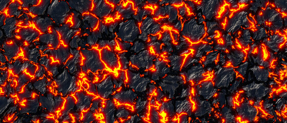 Realistic lava flame on black ash background. Texture of molten magma surface - obrazy, fototapety, plakaty