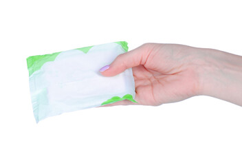 Sanitary napkins menstruation pads in hand on white background isolation