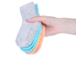 Baby socks warm in hand on white background isolation