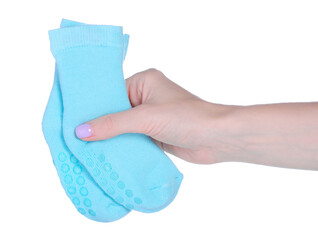 Baby sock warm in hand on white background isolation