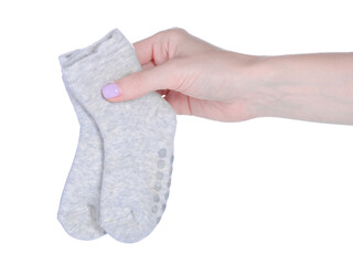Baby sock warm in hand on white background isolation