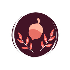 Cute logo or icon vector with acorn and red leaves, illustration on circle for social media story and highlights