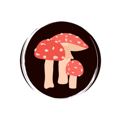 Cute logo or icon vector with red mushrooms with white spots, illustration on circle for social media story and highlights