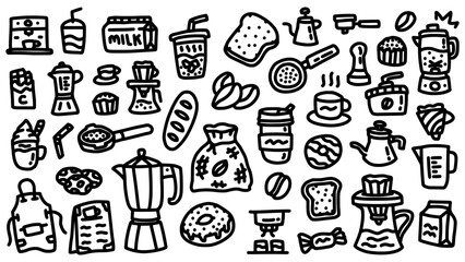 barista and coffee shop equipment icon set hand drawn doodle outline vector template illustration collection for coffee shop