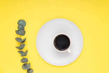 filter coffee in white mug on white plate with eucalyptus, white background