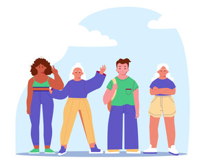 composition with happy male, female colleagues, company staff standing together, hugging. Creative team concept