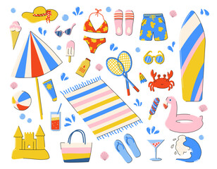Set with summer items: umbrella, surfboard, slippers, ice cream, badminton rackets, swimsuits, ball and other accessories. Doodle cartoon illustration
