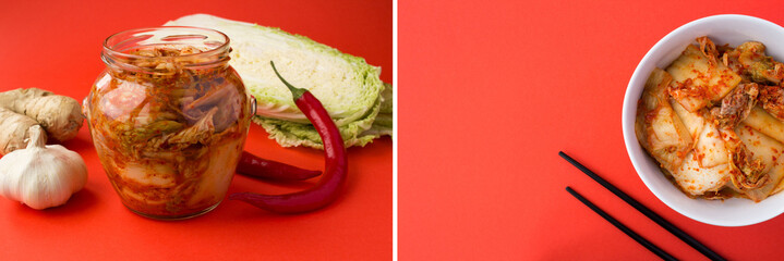 Collage of kimchi on the red background. Closeup. Copy space. - obrazy, fototapety, plakaty
