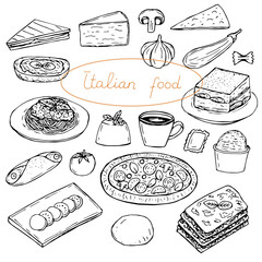 Italian food set vector illustration, hand drawing outline sketch