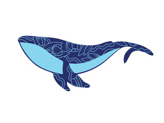 Blue silhouette of a whale with an ornament of flowers. Vector illustration isolated on white background