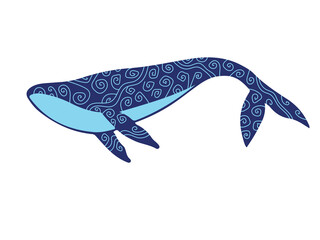 Obraz premium Blue silhouette of a whale with an abstract decorative ornament. Vector illustration isolated on white background