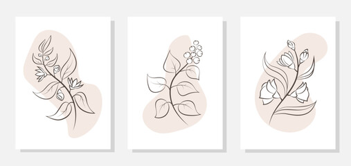 Botanical wall art vector set. Trendy minimalist botanical vector illustration of leaves and flowers. Floral and leaves wall decoration. Wall art for bedroom, Living room and office decor. EPS10. 