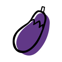 Doodle eggplant. Violet vegetable marrow on white background. Hand-drawn fresh fruit. Symbol of healthy eat, wholesome food, eco nutrition, gardening, vegetarian. Vector line aubergine illustration