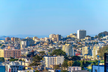 Dense residential and financial buildings in a high angle view at San Francisco, California