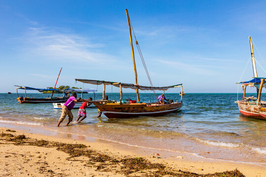 Zansibar,  Dhows an der Beach im Dorf Fumba im Indischen Ozean von Sansibar.  Blue Safari-Tour zur Sandbank Menai Bay in Tansania.