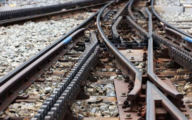 Cog railway tracks with an additional toothed rack located in the middle of the track to overcome...