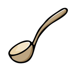 Doodle ladle for cooking food. Hand-drawn beige color sifting dish isolated on white background. Kitchen spoon symbol. Cozy utensil, cute dishes, soup ladle image. Vector domestic life illustration