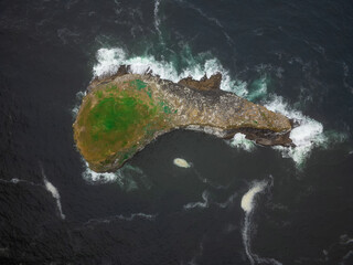 Stone island in the shape of a big fish, covered with green moss in the ocean. Aerial view. The beauty and mystery of nature. Travel, tourism, ecology. Banner, advertisement, invitation.