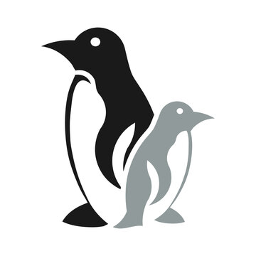 Two penguin silhouette in black and grey color. Penguin logo icon.