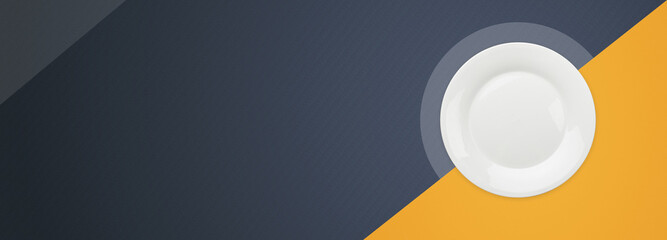 Empty food plate dish design horizontal banner template blank. Text area copy space place for text. Yellow grey geometric shapes 