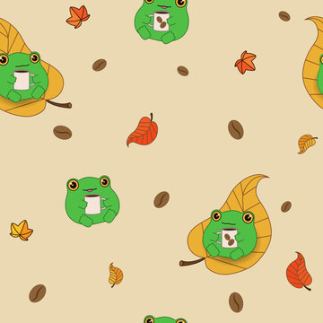 Cute frog with a cup of coffee on an orange leaf, autumn seamless pattern. Children's vector illustration