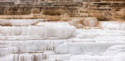 Hot Spring Landscape with colorful ground formation. Mammoth Hot Springs, Yellowstone National Park, Wyoming, United States. Nature Background.