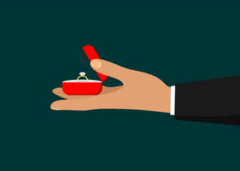 Man's hand holdind a red jewelry box with an engagement ring. Making a marriage proposal. Wedding concept. Flat vector illustration.