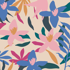 Cute garden flowers and leaves colorful pattern. Botanical vector illustration design for fashion, fabric, wallpaper, cards, prints