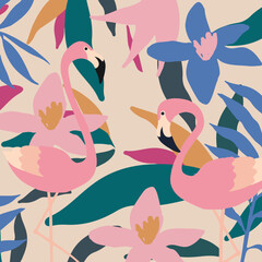 Cute garden flowers and leaves with flamingos colorful pattern. Flamingo birds with botanical elements vector illustration design for fashion, fabric, wallpaper, cards, prints