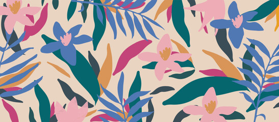 Fototapeta premium Cute garden flowers and leaves colorful pattern. Botanical vector illustration design for fashion, fabric, wallpaper, cards, prints