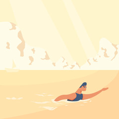 A man swimming on a shore. an athlete swimming in an ocean. a boy swimming on a beach.  a person swimming on his vacation. Vector flat illustration isolated on white background.