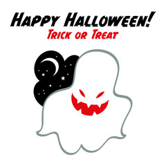 Flying ghost in the night sky, moon and stars - happy Halloween holiday image. Scary and spooky character, illustration for greeting card. Isolated on white background.