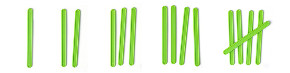 counting colored sticks for the purposes of early education, development, learning to count and play. Banner with colored sticks on an isolated white background. Count, numbers, symbols, 1, 2, 3, 4, 5