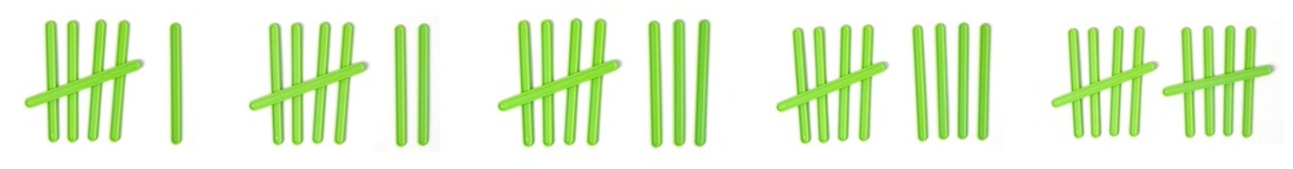 counting colored sticks for the purposes of early education, development, learning to count and play. Banner with colored sticks on an isolated white background. Count, numbers, symbols, 1, 2, 3, 4, 5