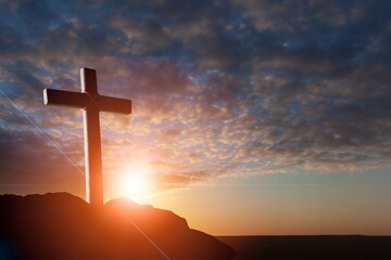 crucifixion jesus christ, wooden cross at sunset